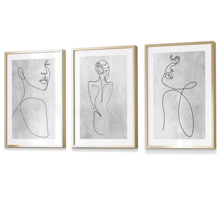Abstrakt linjekunst kvinne grå veggkunstsett med 3 innrammede trykk