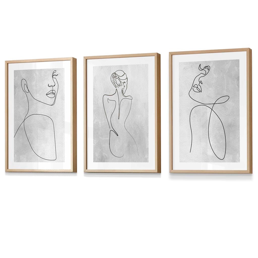 Abstrakt linjekunst kvinne grå veggkunstsett med 3 innrammede trykk