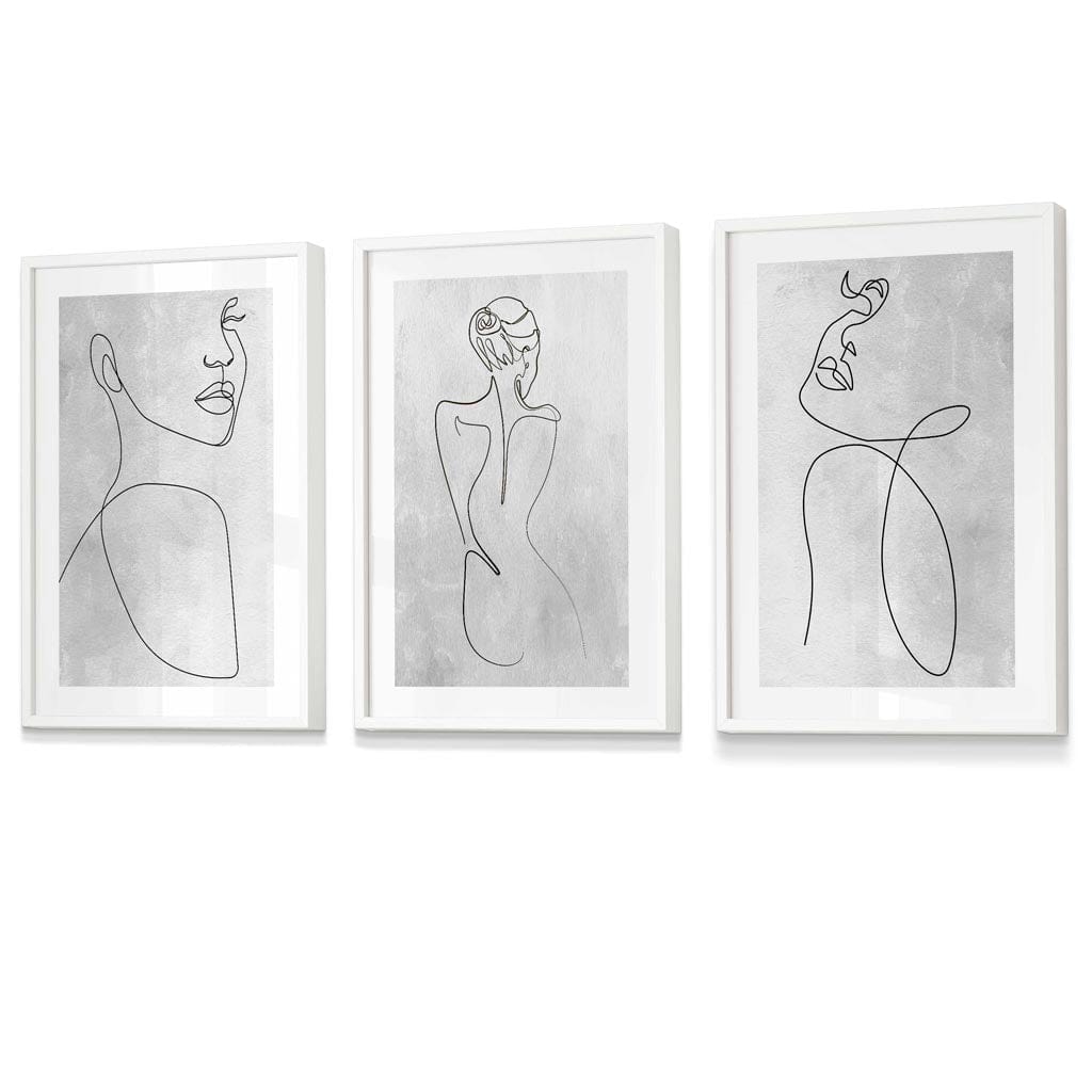 Abstrakt linjekunst kvinne grå veggkunstsett med 3 innrammede trykk