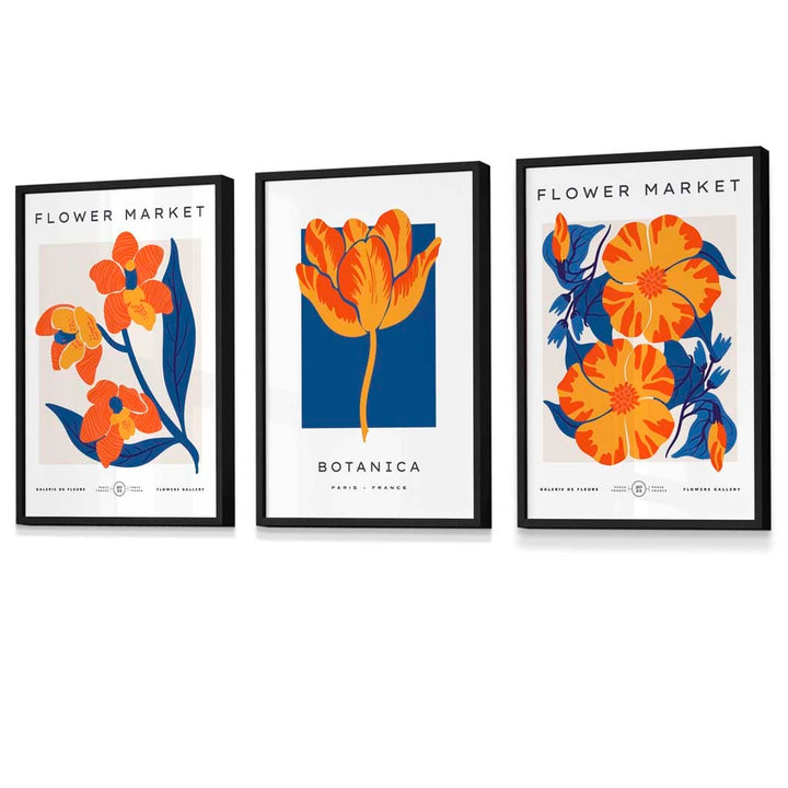 Innrammet veggkunst med temaet «Blått og oransje blomstermarked»
