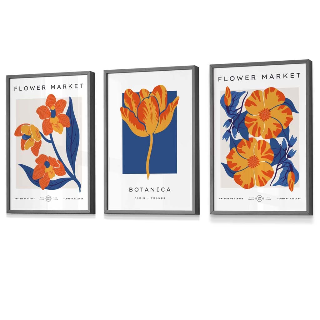 Innrammet veggkunst med temaet «Blått og oransje blomstermarked»