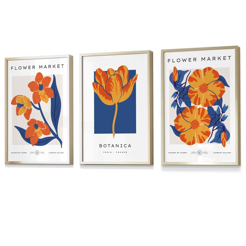 Innrammet veggkunst med temaet «Blått og oransje blomstermarked»