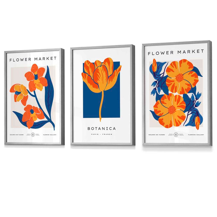 Innrammet veggkunst med temaet «Blått og oransje blomstermarked»