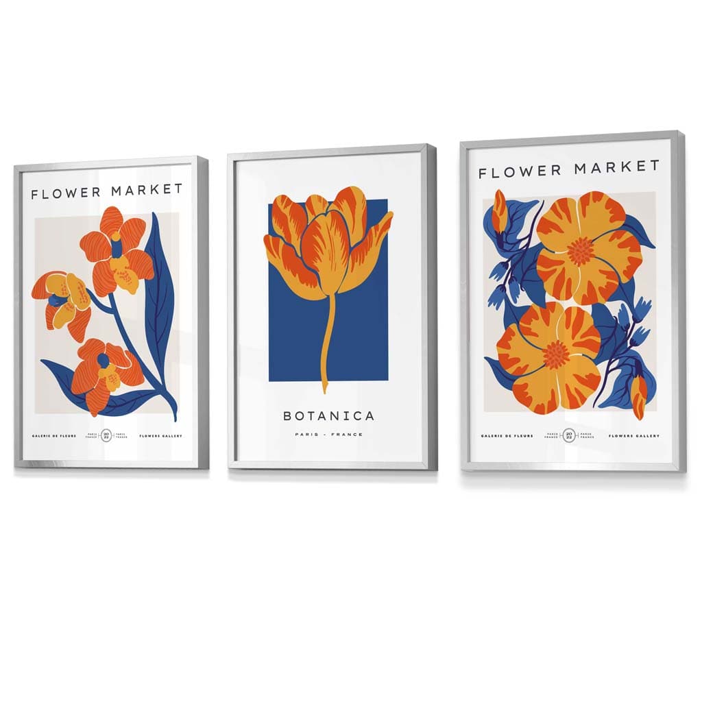 Innrammet veggkunst med temaet «Blått og oransje blomstermarked»