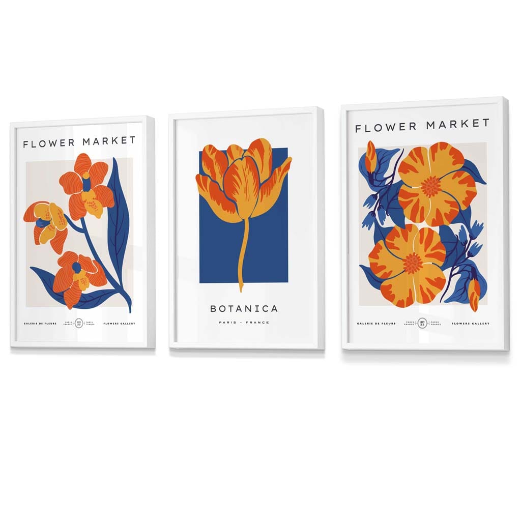 Innrammet veggkunst med temaet «Blått og oransje blomstermarked»