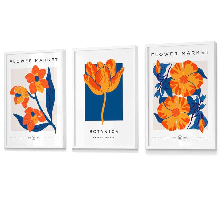Innrammet veggkunst med temaet «Blått og oransje blomstermarked»