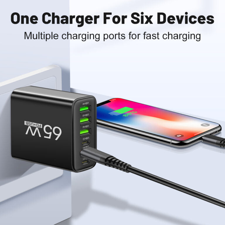 Skanto | PowerMax 65W 6-i-1 Hurtiglader – Lader opptil 6 enheter samtidig – Ideell for hjem, kontor og reise