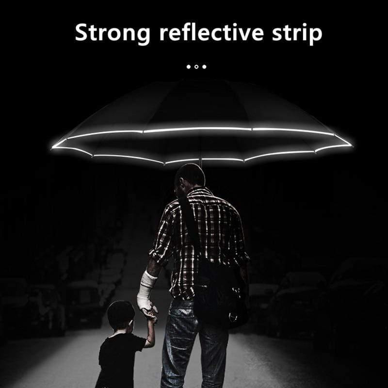Skanto | Automatisk reversibel LED-lys paraply med refleksbånd, trefoldig sammenleggbart, invertert, 10 ribber, vindtett paraplyer for reise