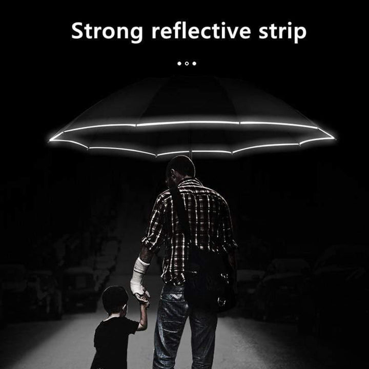 Skanto | Automatisk reversibel LED-lys paraply med refleksbånd, trefoldig sammenleggbart, invertert, 10 ribber, vindtett paraplyer for reise