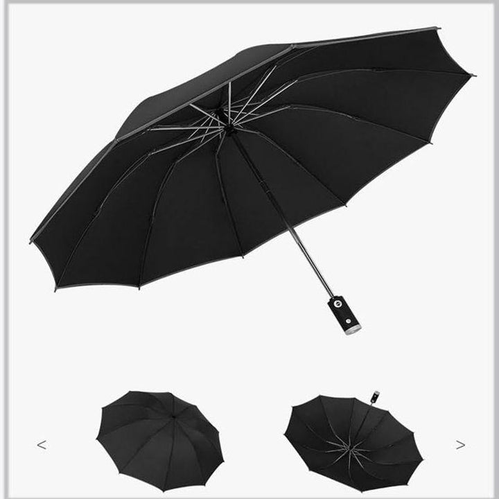 Skanto | Automatisk reversibel LED-lys paraply med refleksbånd, trefoldig sammenleggbart, invertert, 10 ribber, vindtett paraplyer for reise