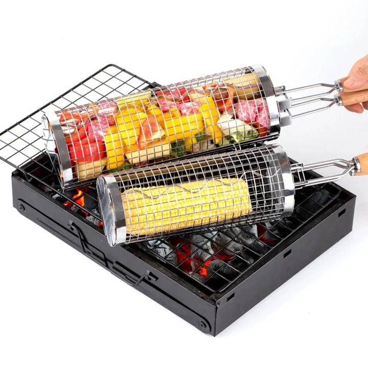 Bærbar rustfritt stål rullende grilling kurv BBQ grilltilbehør | Skanto