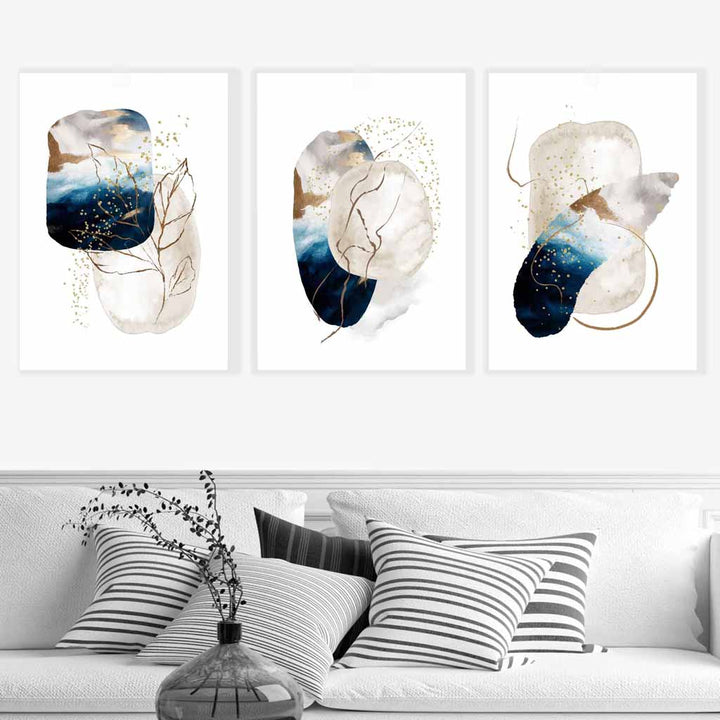 Abstrakt, teksturert veggkunstsett i marineblått, elfenben og gull (3 deler)