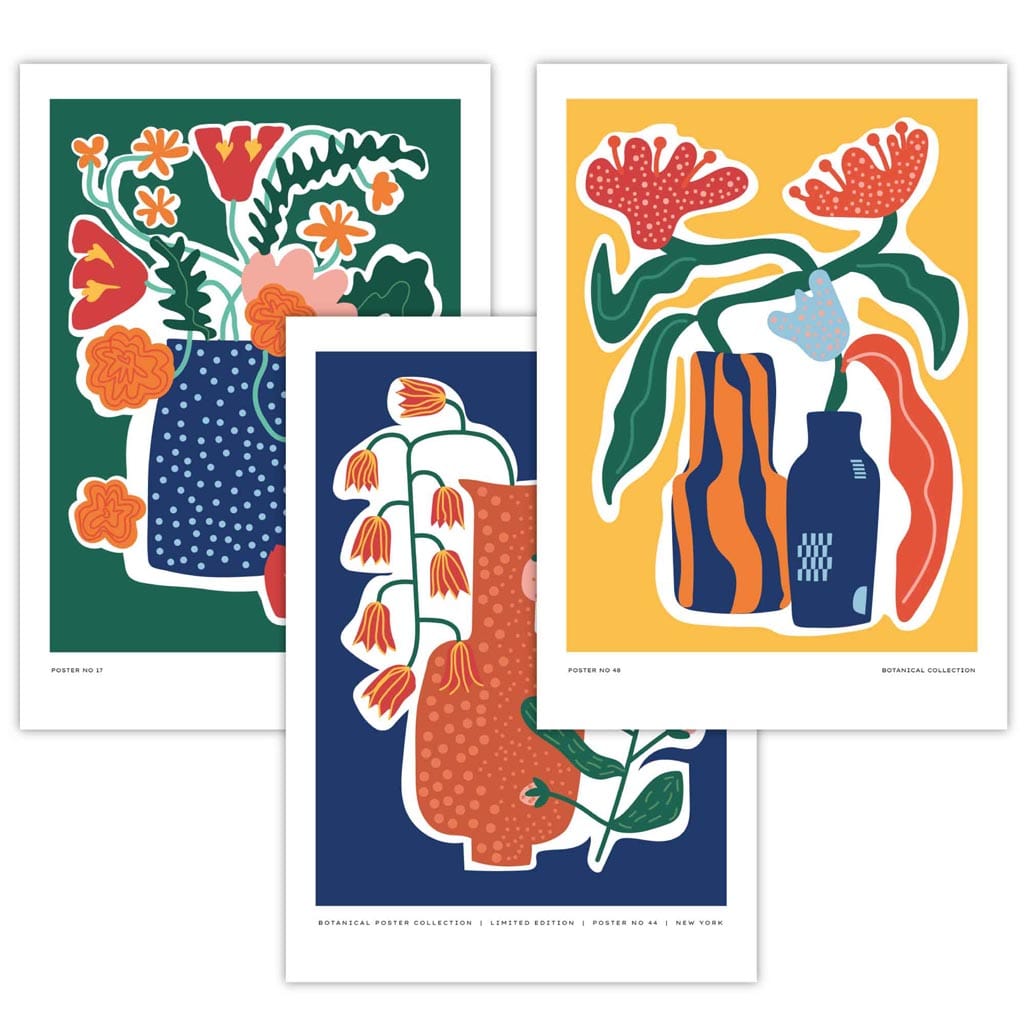 Kunstnerisk designet, fargerikt botanisk plakatsett med 3 plakater i blått, gult og grønt