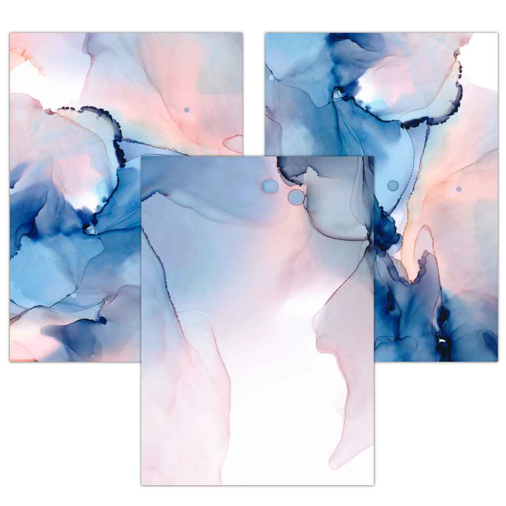 Abstrakt veggkunstsett i blått og rosa, 3 plakater