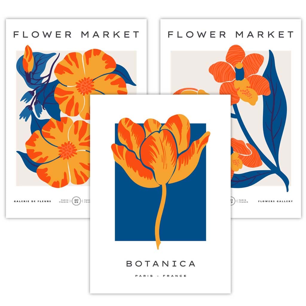 Innrammet veggkunst med temaet «Blått og oransje blomstermarked»