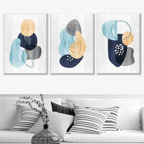 Abstrakt sett med 3 kunsttrykk i marineblått og gult