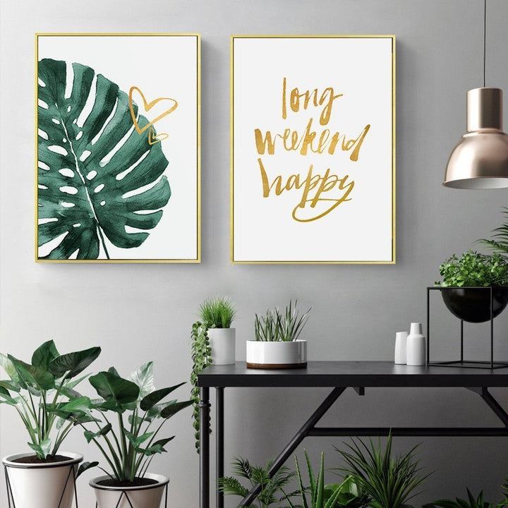 Gull Ananas Tropisk Skilpadde Blad Moderne - Lerret Veggkunst Maling