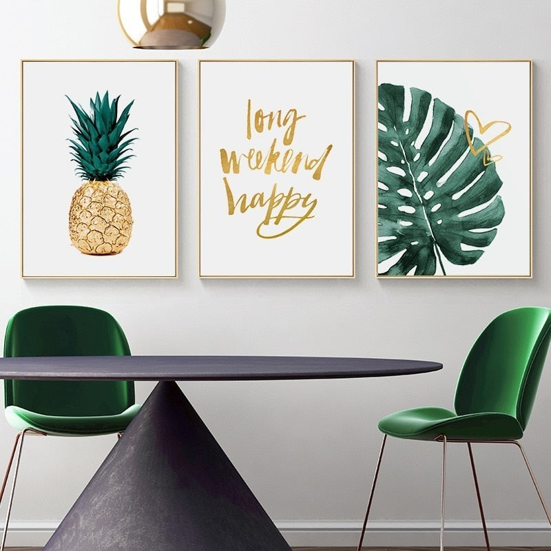 Gull Ananas Tropisk Skilpadde Blad Moderne - Lerret Veggkunst Maling