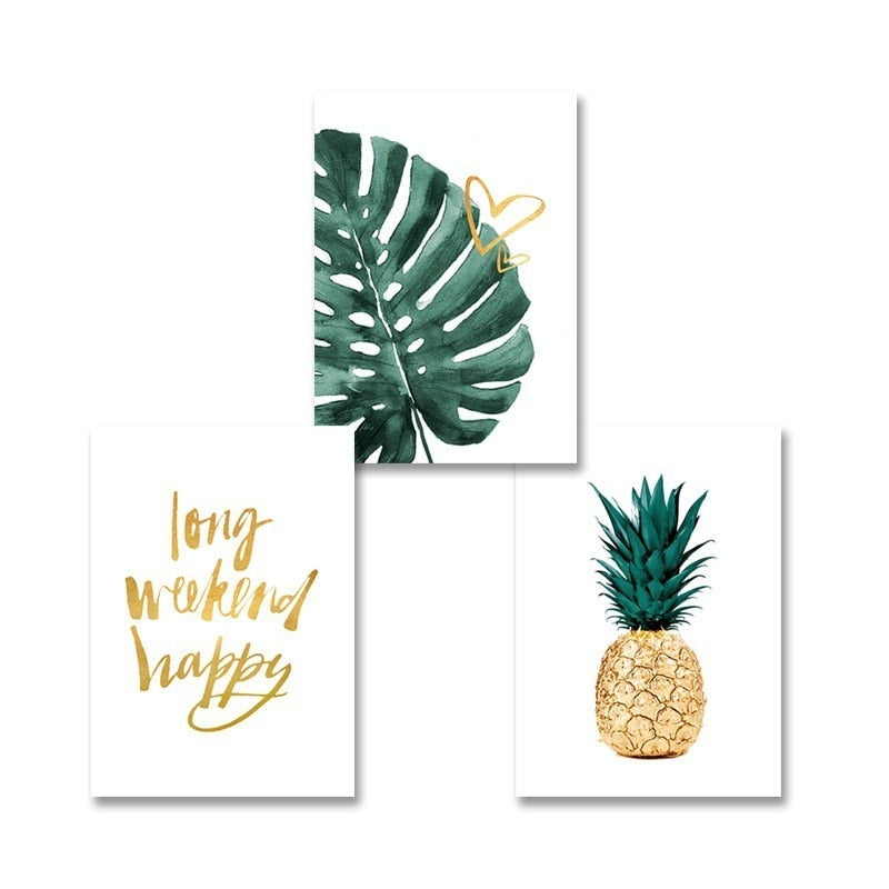 Gull Ananas Tropisk Skilpadde Blad Moderne - Lerret Veggkunst Maling