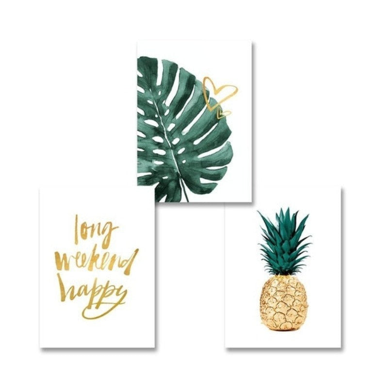 Gull Ananas Tropisk Skilpadde Blad Moderne - Lerret Veggkunst Maling