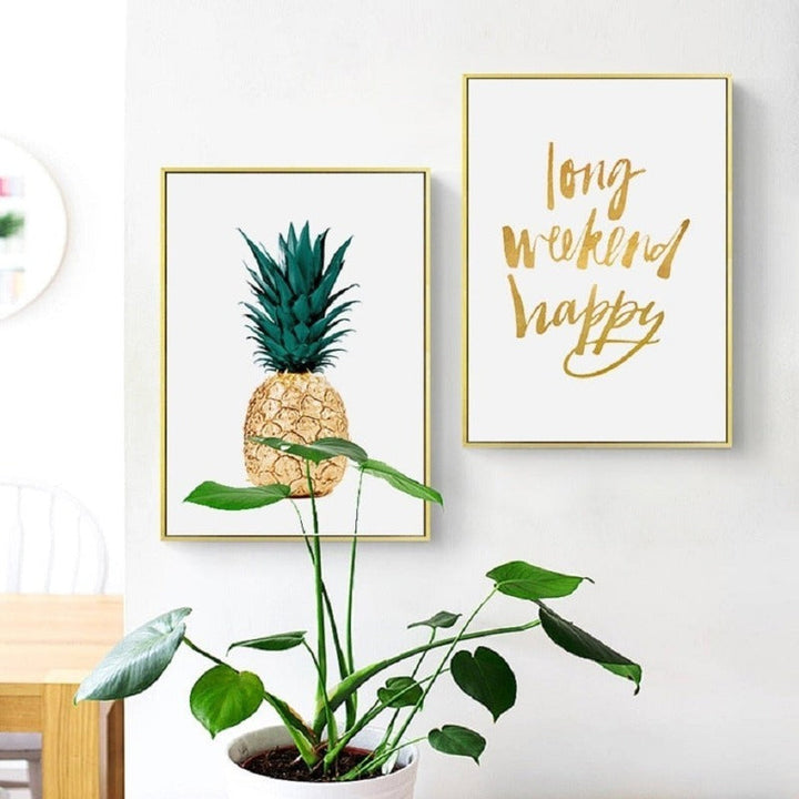 Gull Ananas Tropisk Skilpadde Blad Moderne - Lerret Veggkunst Maling