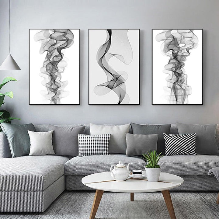 Minimalistisk abstrakt bølgete linjemønster Svart Hvit - Lerret Veggkunst Maleri