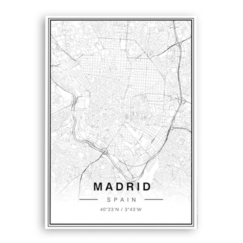 Svart-hvitt Madrid bykart Breddegrad Lengdegrad trykk Plakat | Skanto