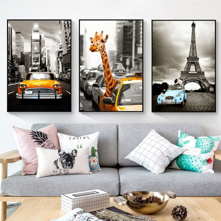 Car City Giraffe - Lerret Veggkunst Maleri | Skanto
