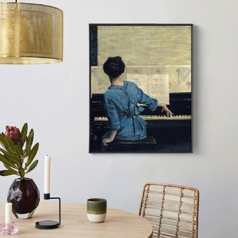 Vintage jente ved pianoet – Lerretsbilde