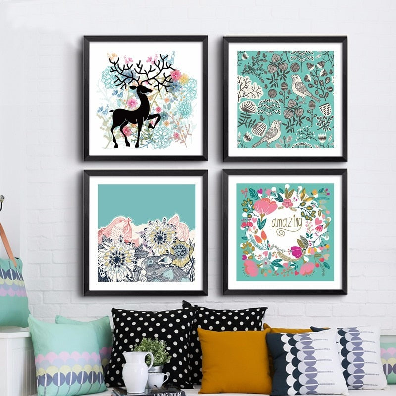 Nordiske hjort, fugler, blomster – Natur – lerretbilde