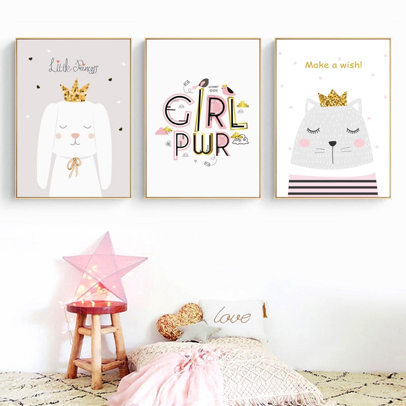 Moderne rosa prinsesse enhjørning plakat - lerretsveggkunstmaleri