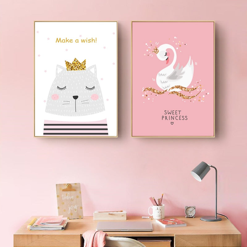 Moderne rosa prinsesse enhjørning plakat - lerretsveggkunstmaleri