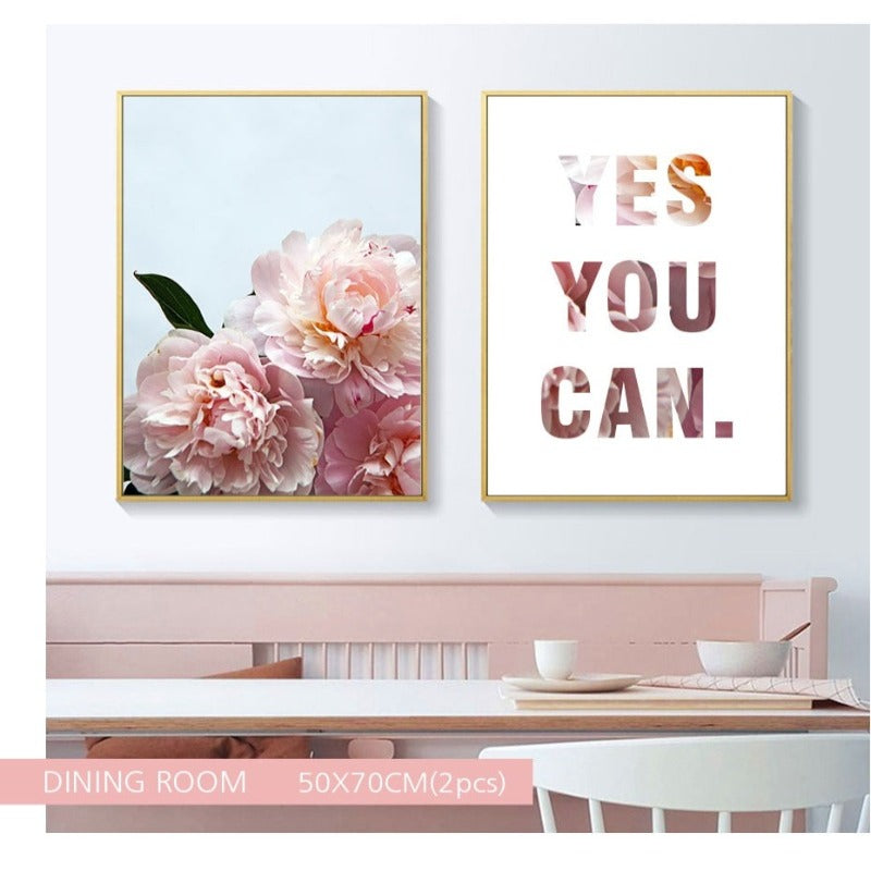 Pink Peony Floral Ja Du Kannst Sitater - Lerret Veggkunst Maleri