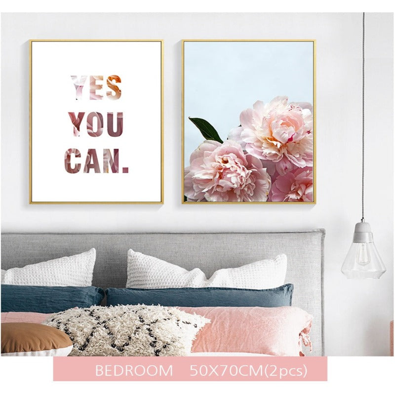 Pink Peony Floral Ja Du Kannst Sitater - Lerret Veggkunst Maleri