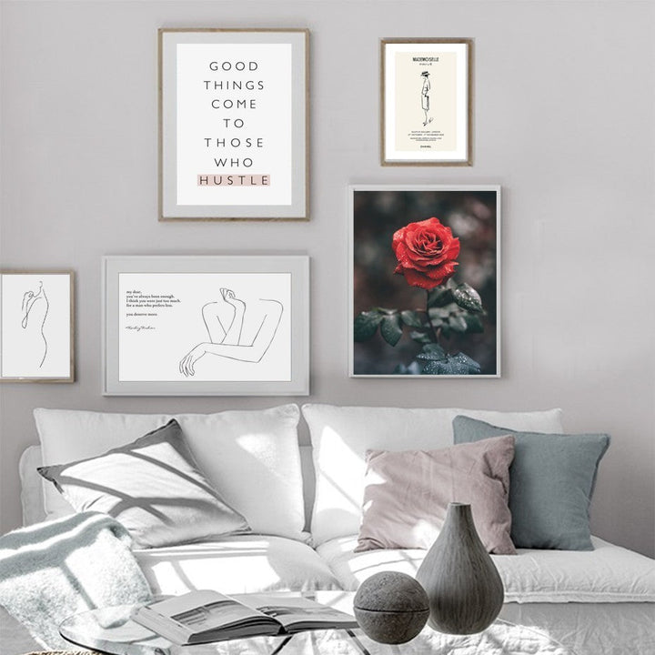 Skandinaviske plakater, rosemotiver, livssitat, minimalistisk – lerretbilde