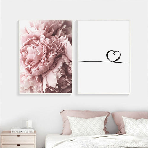 Moderne minimalistisk bokstavmaleri med rosa peonblomst – lerretsbilde