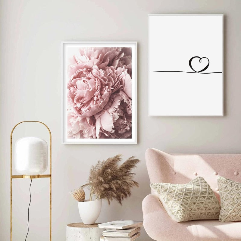 Moderne minimalistisk bokstavmaleri med rosa peonblomst – lerretsbilde
