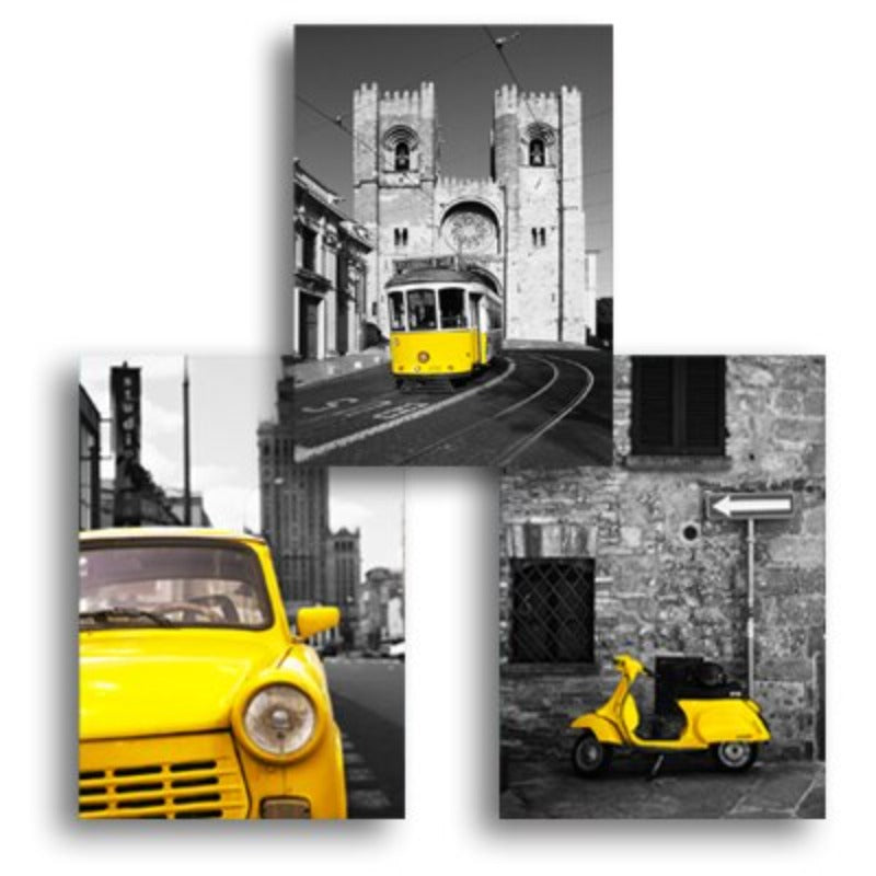 Vintage-scene med gul bybuss – lerretsbilde
