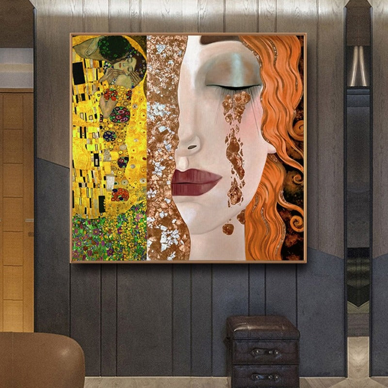 Gustav Klimt Gyldne tårer og kyss jente - Lerret veggkunst maleri