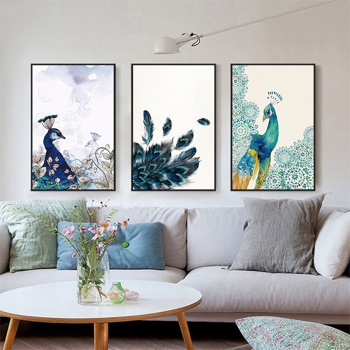Vakre påfugl dyr blomster plakat - lerret veggkunst maleri | Skanto