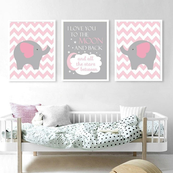 Nordisk tegneserieelefant med rosa måne - lerretbilde