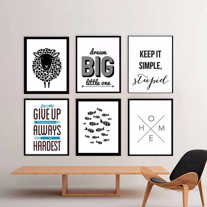 Minimalistisk Svart-Hvitt Inspirerende Bokstaver - Lerret Veggkunst Maleri