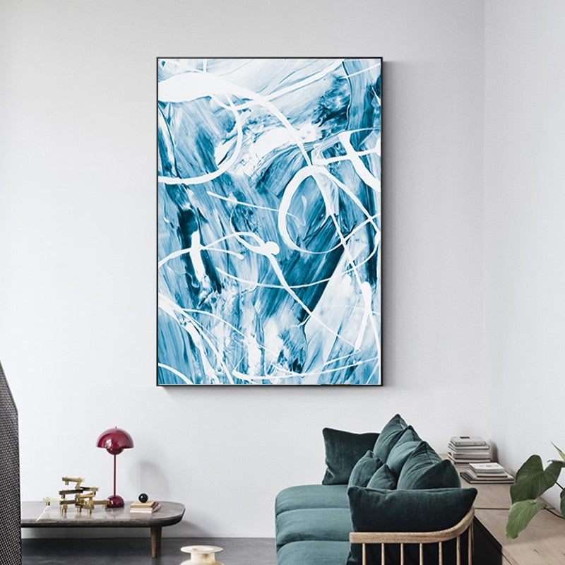Blå abstrakt lerretmaleri vegg - lerret veggkunstmaleri | Skanto