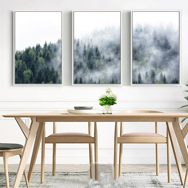Naturlandskap i tåket skog, nordisk - Lerretsbilde