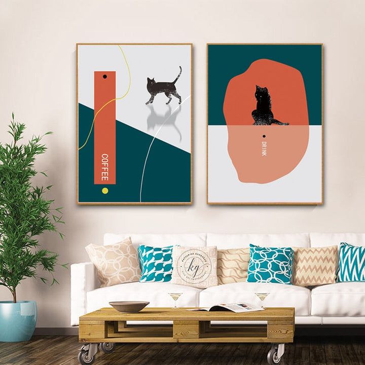 Cat Drikke Kaffe-Canvas Veggkunst Maleri | Skanto