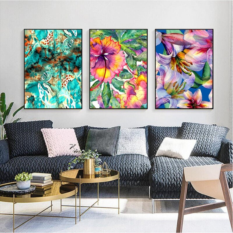 Blå Rosa Floral - Lerret Veggkunst Maleri | Skanto