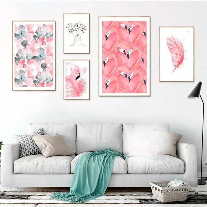 Vakre Rosa Flamingo Fjær - Lerret Veggkunst Maleri | Skanto