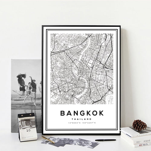 Svart og hvit Bangkok by - lerret veggkunst maleri | Skanto