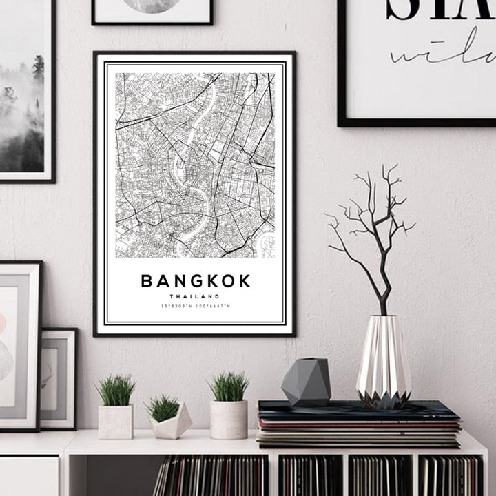 Svart og hvit Bangkok by - lerret veggkunst maleri | Skanto