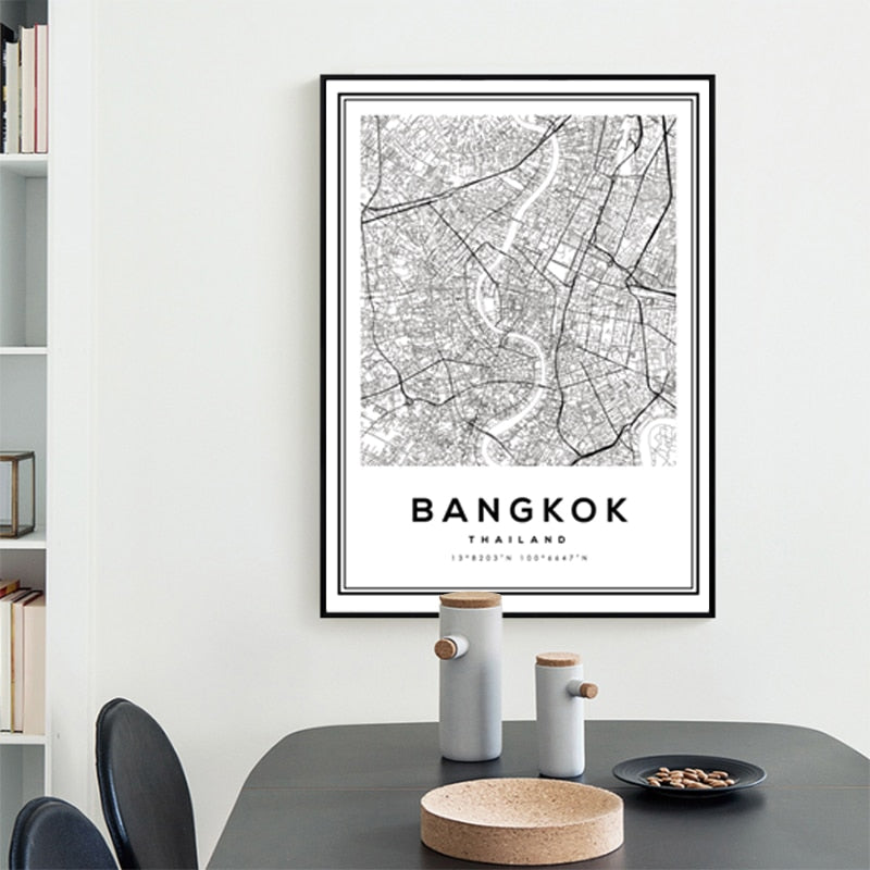 Svart og hvit Bangkok by - lerret veggkunst maleri | Skanto